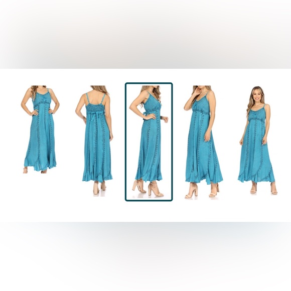 NWT Sakkas Boho Style Embroidered Adjust. Straps Maxi Dress Turquoise S/M - Picture 8 of 8